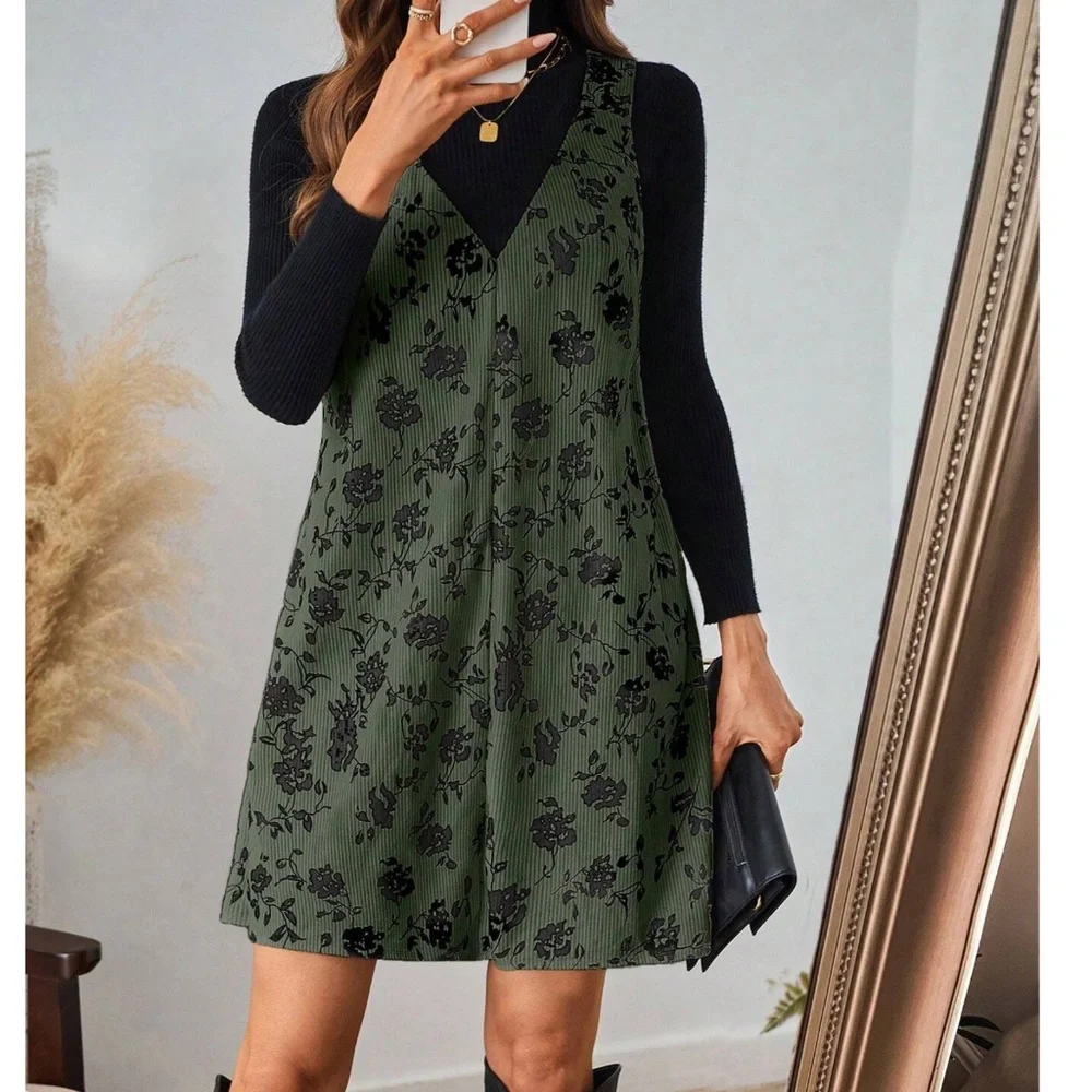 Boho Floral print Corduroy Sleeveless Mini Dress - Picture 1 of 6